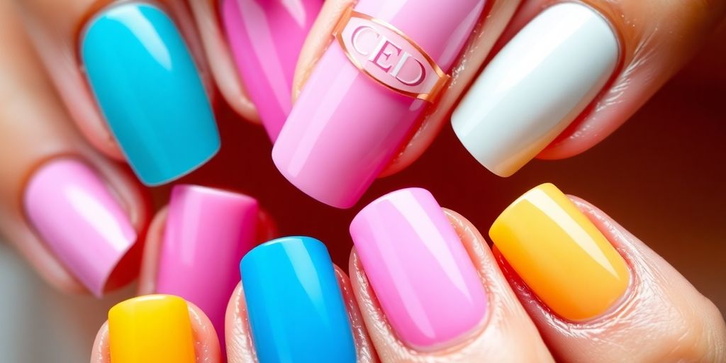 Unhas bem cuidadas com cores vibrantes e brilho.
