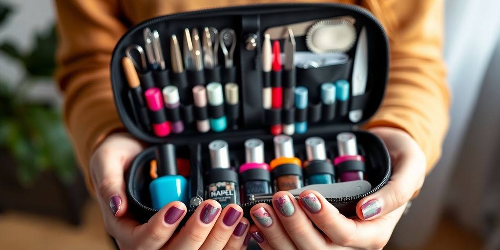 Kit de manicure com esmaltes e ferramentas coloridas.